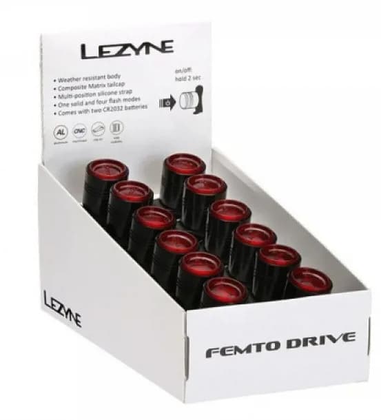 Пакування 36шт переднього світла LEZYNE FEMTO DRIVE BOX SET REAR Чорний 7 люменів Y13