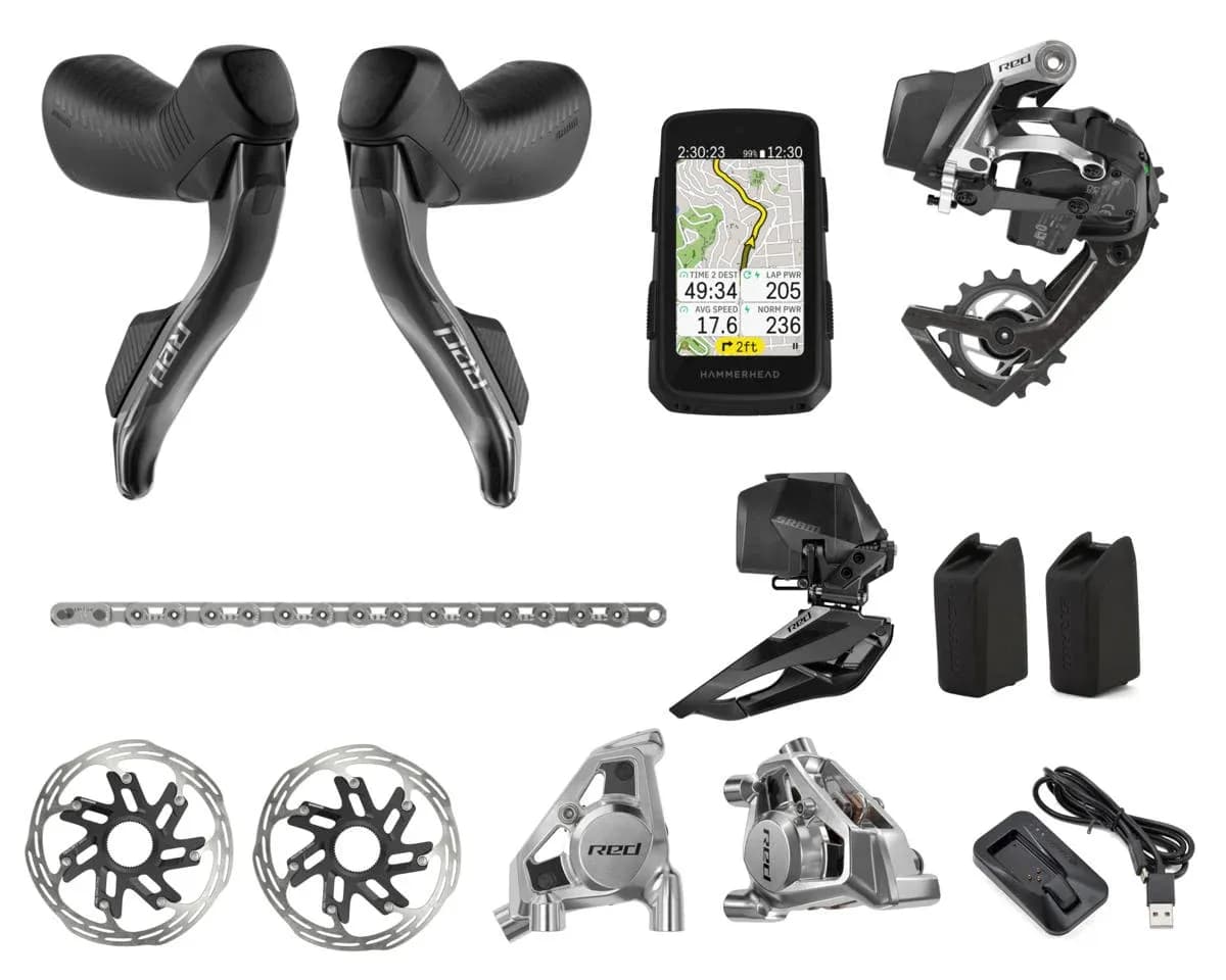 Групсет SRAM Red eTap AXS 2X E1 Electronic HRD groupset (Hammerhead Karoo, Left Right Shift/Hyd ED FM, Chain Red 114l, RD 36T wbatt, FrontDer wbatt, PacelineX CL 160mm,Charger,QuickStart Guide БЕЗ АКУМ)