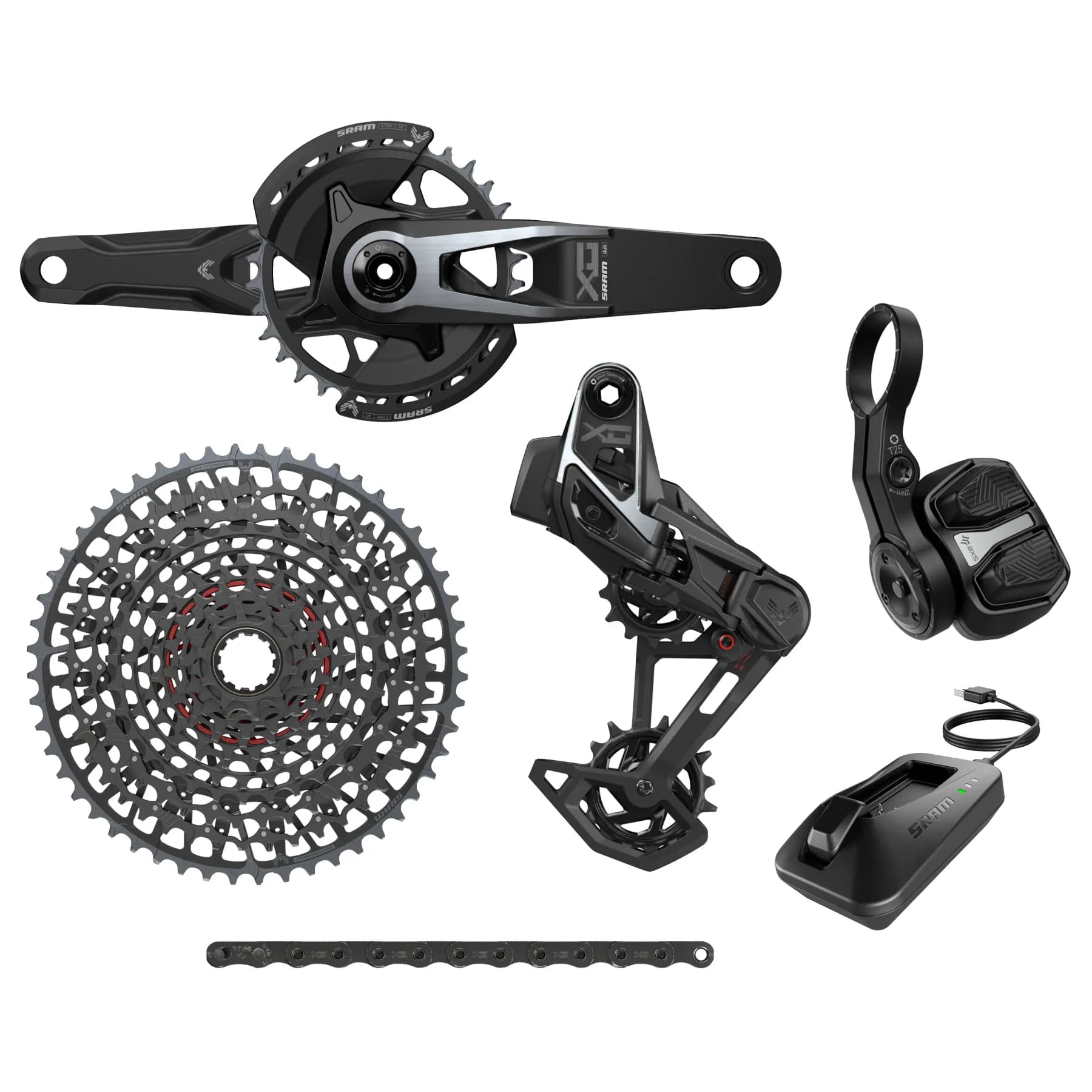 Групсет SRAM X0 T-Type Eagle V2 Transmission AXS Groupset (RD w/Battery/Charger/Cord, EC POD Ult, FC X0 Q174 CL55 DUB MTB Wide 170 w/DM 32t CR w/2 Guards, CN 126l, CS XS-1295 10-52t)
