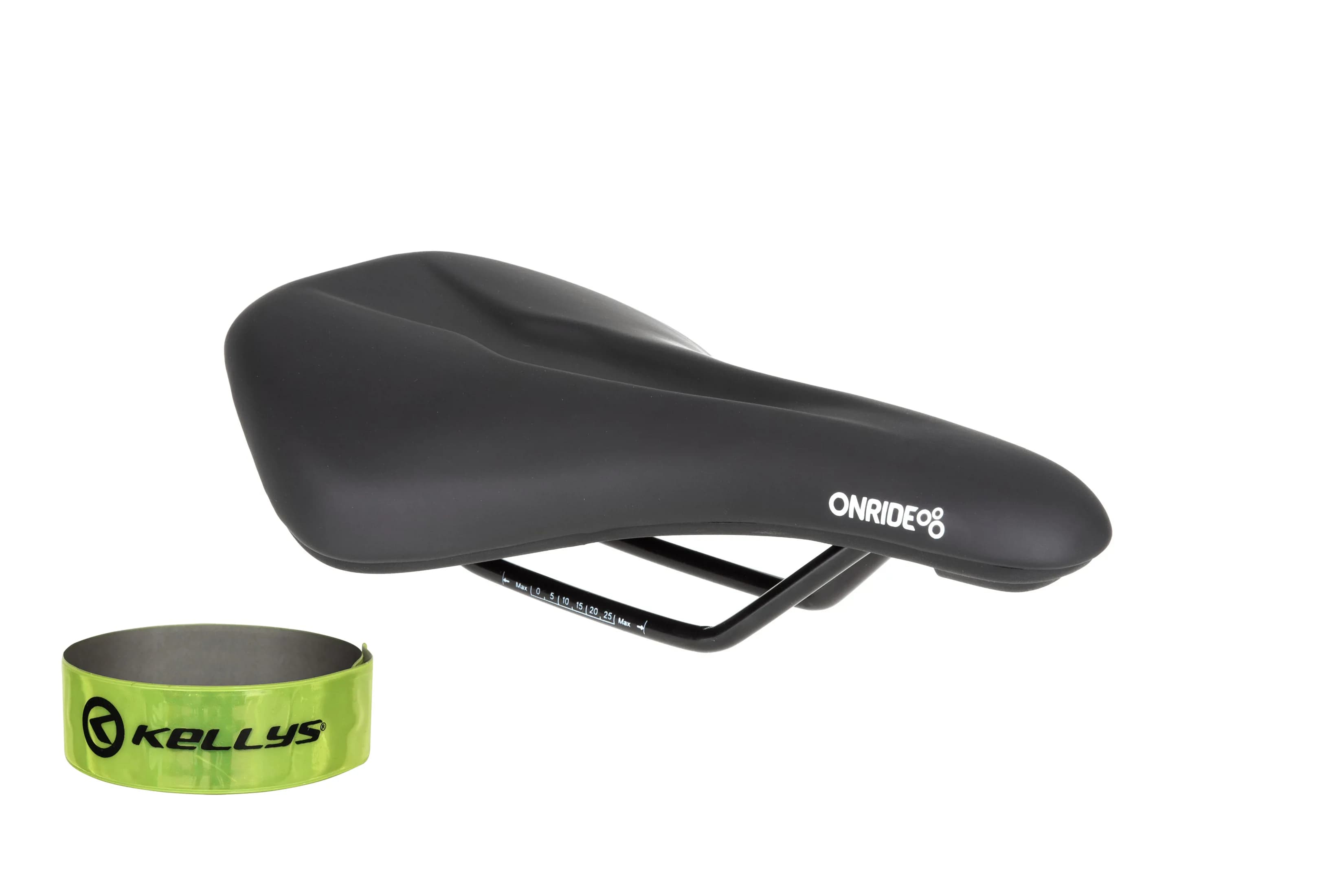 Сідло ONRIDE Spot, рамки cталь, чорне, 265 х 160 мм + світловідбиваюча смужка KLS 3M 40 см